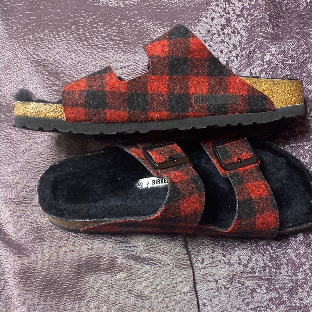 Birkenstock Red and Black Plaid Sandals